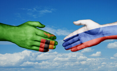 Russian Federation and Zambia country handshaking with flags, consensus concept international co-operation illustration