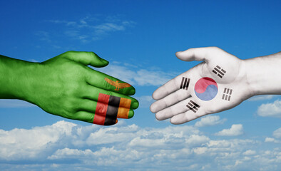 South Korea and Zambia country handshaking with flags, consensus concept international co-operation illustration