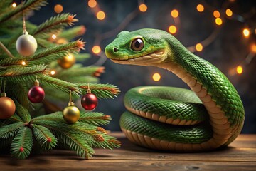Fototapeta premium Happy New Year 2025. The symbol of the year is a green snake on the background of a Christmas tree. A festive poster or banner for a party and New Year's Eve.