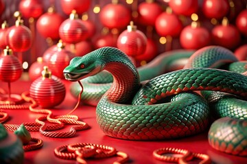Fototapeta premium Happy New Year 2025. The symbol of the year is a green snake on the background of Chinese red lanterns. A festive poster or banner for a party and New Year's Eve.