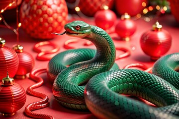 Fototapeta premium Happy New Year 2025. The symbol of the year is a green snake on the background of Chinese red lanterns. A festive poster or banner for a party and New Year's Eve.