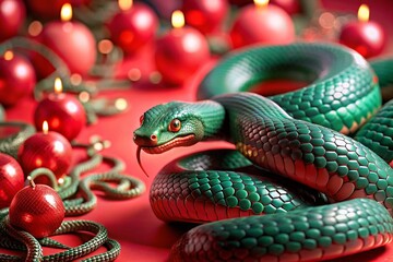 Fototapeta premium Happy New Year 2025. The symbol of the year is a green snake on the background of Chinese red lanterns. A festive poster or banner for a party and New Year's Eve.