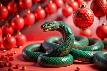 Fototapeta premium Happy New Year 2025. The symbol of the year is a green snake on the background of Chinese red lanterns. A festive poster or banner for a party and New Year's Eve.