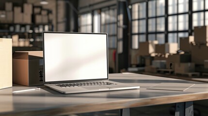 Fototapeta premium Laptop on a Table in a Warehouse