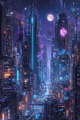 An isometric illustration of a sprawling futuristic city skyline at night.