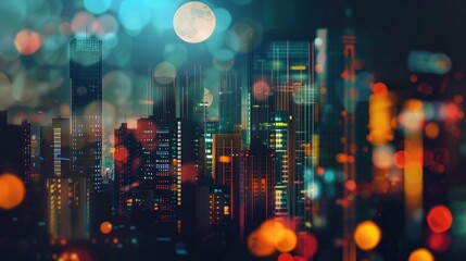 Futuristic Cityscape: A Neon-Lit Skyline with a Full Moon. Double exposure.