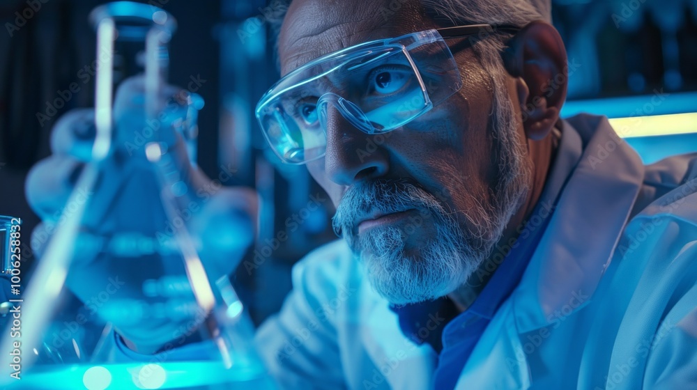 Poster a man in a lab coat is looking at a beaker with a blue liquid in it