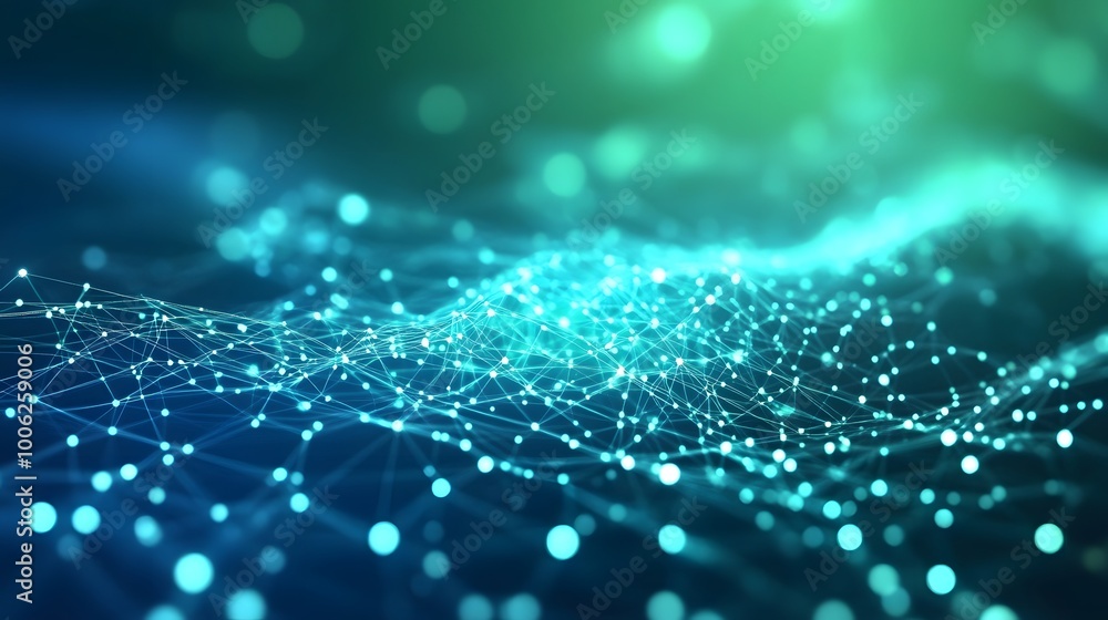 Poster a blue and green image of a wave with many dots. the image has a futuristic and technological feel t