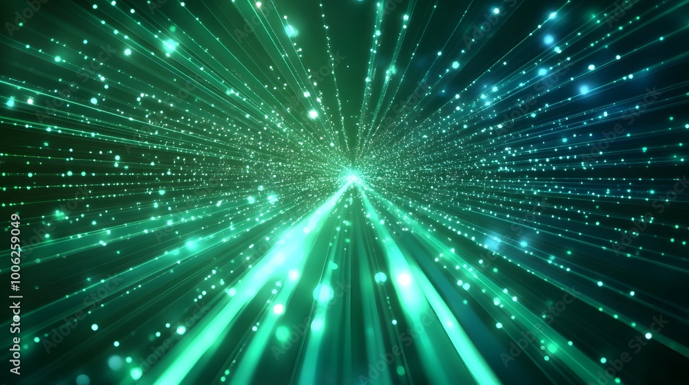 Poster a blue and green image of a wave with many dots. the image has a futuristic and technological feel t