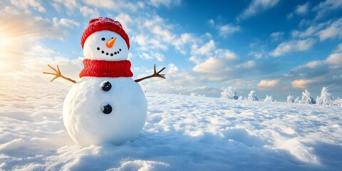 Obraz premium Cheerful snowman in a winter landscape under a blue sky with fluffy clouds, surrounded by a snow-covered field, reflecting the holiday spirit in vibrant colors and seasonal joy.