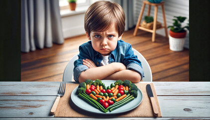 Sulking boy refusing to eat vegetables in the shape of a heart, sitting at a table with arms crossed. Fussy kid food concept