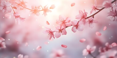 Fototapeta premium Cherry blossom branches with delicate pink petals against a bright white background, captured in soft focus macro photography, creating an ethereal and romantic spring aesthetic.