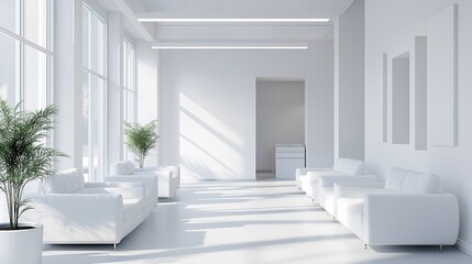 Interior of a white waiting area in an open-plan office