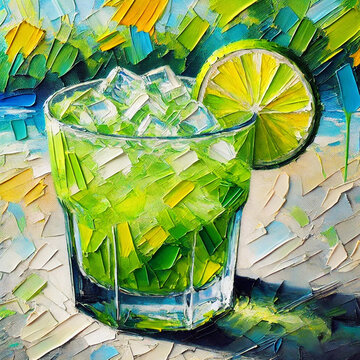 Classic Caipirinha cocktail with lime garnish and ice cubes, created using bold brushstrokes and a colorful, abstract style oil pait art
