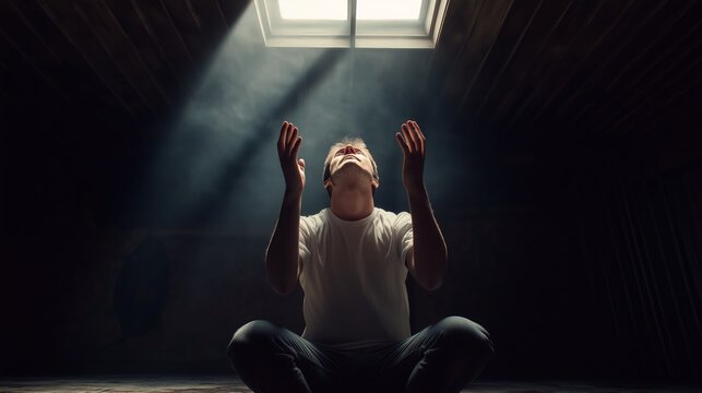 Young man kneeling with hands up to the sky, eyes closed, face bowed, in a dark room with a sky light