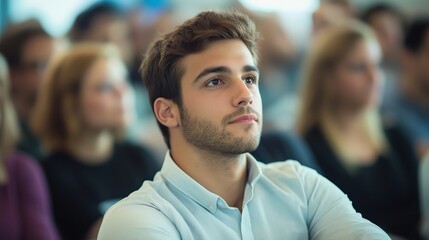 Fototapeta premium man sitting in a crowd of people listening to a presentation, selective focus, business photography