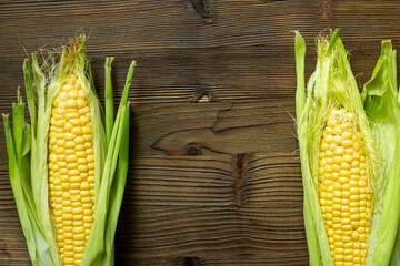 Two fresh corn cobs with green leaves, top view. Vegetable background