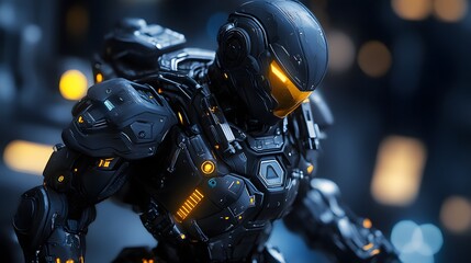 Fototapeta premium Game figure wearing sci-fi armor with glowing accents and flexible joints