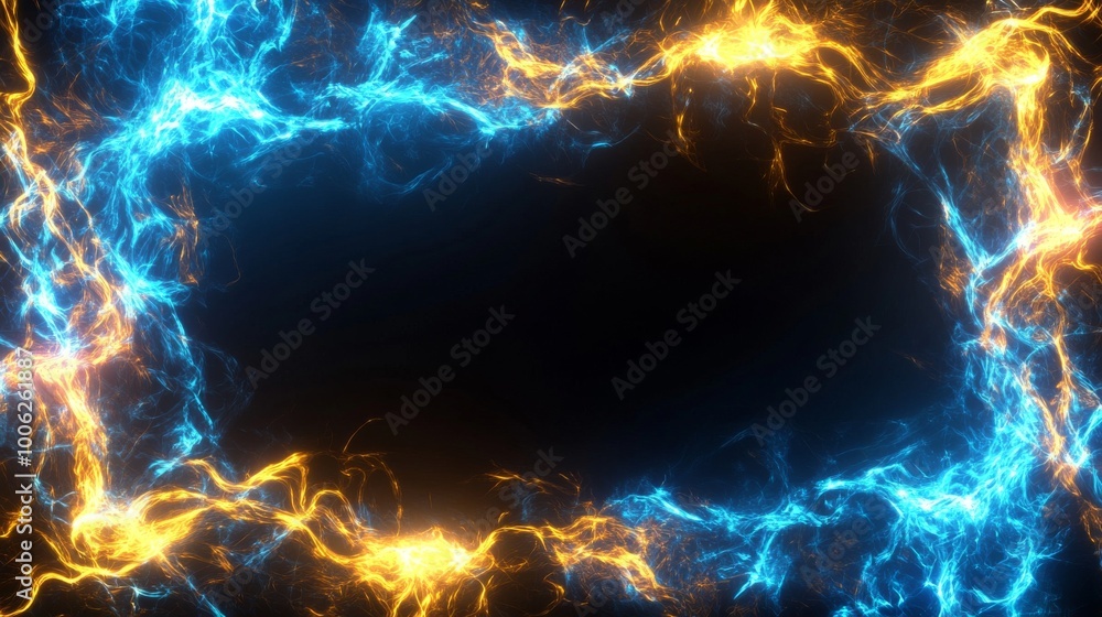 Poster abstract blue and gold lightning creating a frame on black background