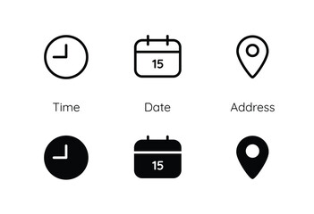 Time, date, location, address and clock line icons