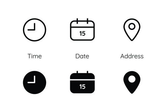 Time, date, location, address and clock line icons