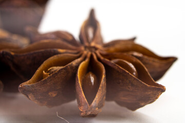 Cut orange and different spices  on white background. Traditional festive winter beverage.Cinnamon, dried orange, anise and cloves