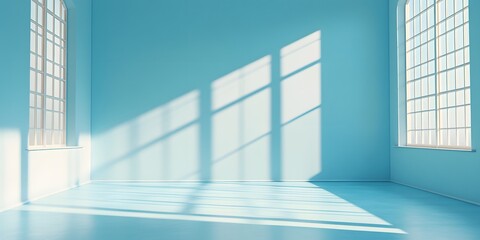 Obraz premium Empty room with pale blue walls and a large window, sunlight casting geometric shadows in a minimalist interior setting, creating a soft, tranquil ambiance with photorealistic quality.
