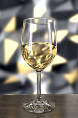 Glass of white wine on wooden table against wall with spotlights. Bar theme. Dark environment. 3d rendering.