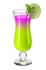 Hurricane glass with cocktail on transparent isolated background. Beverage with lime and mint. Bar theme. Alcoholic drink. 3d rendering.