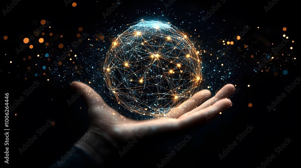 Aufkleber a hand holding a glowing sphere with a network of lines surrounding it. concept of technology and in