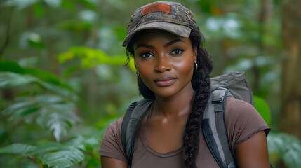 A female Black backpacker trekking through lush forests, exuding determination and self-assuredness in an outdoor adventure