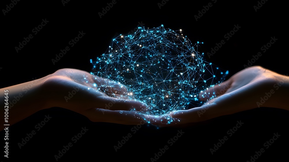 Poster a hand holding a glowing sphere with a network of lines surrounding it. concept of technology and in