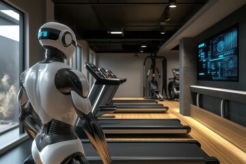 A robot is standing in the gym