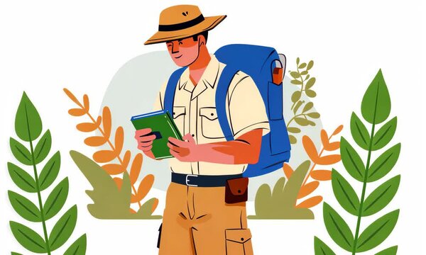 A man dressed as an explorer holding a tablet, surrounded by green plants, symbolizing nature exploration and modern technology.