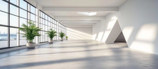 Obraz premium Abstract White Interior with an Empty Corridor and Triangular Shapes, Futuristic Architectural Concept