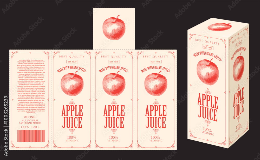 Poster vector mockup template of cardboard packaging box for apple juice with realistic pattern of apple in