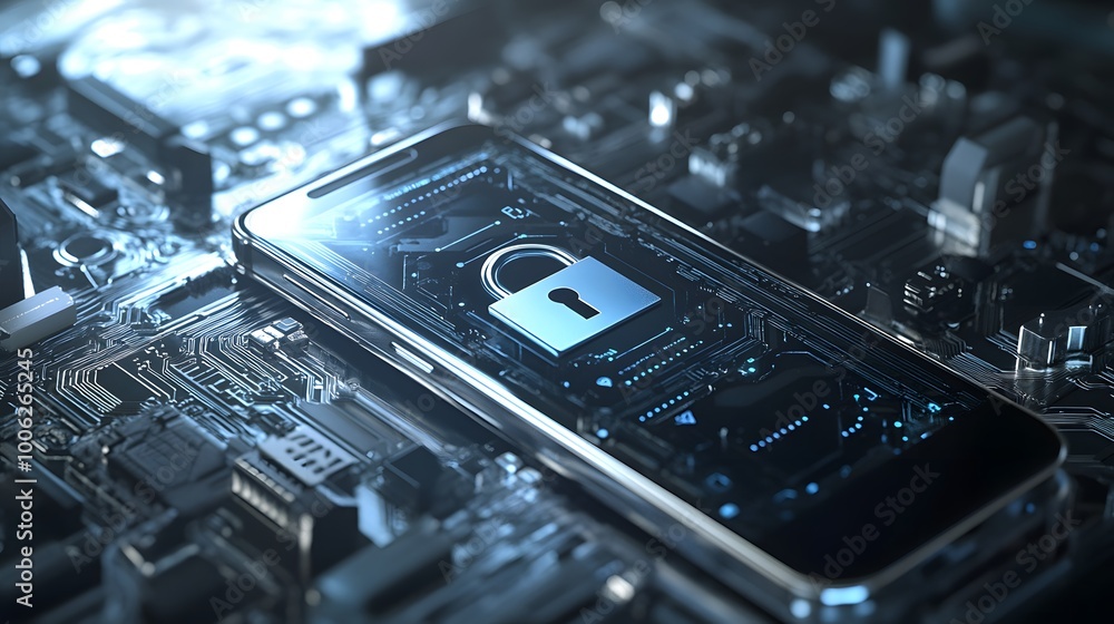 Poster a cell phone is displayed on a circuit board with a red and blue screen. the phone is locked and the
