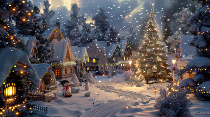 Fototapeta premium Small village covered in snow on Christmas evening. The houses are decorated with garlands. In the center of the village is a large Christmas tree. Children are sledding and molding snowmen.