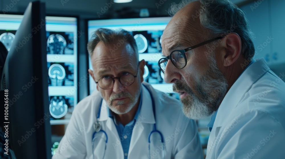 Aufkleber two doctors are looking at a computer monitor with a lot of images on it