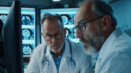 Obraz premium Two doctors are looking at a computer monitor with a lot of images on it