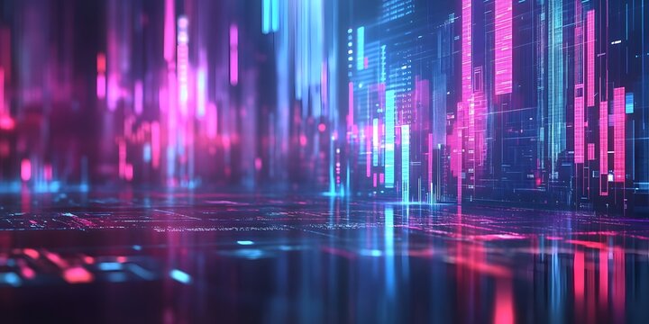 Fintech visualization featuring neon financial graphs and glowing trading charts, set against a blurred bokeh background, representing a high-tech investment interface with vibrant colors.