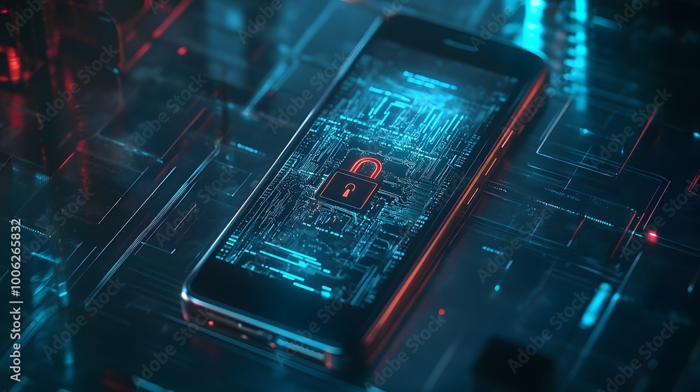 Poster a cell phone is displayed on a circuit board with a red and blue screen. the phone is locked and the