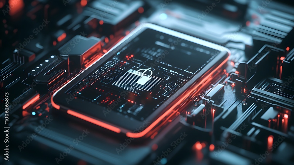 Poster a cell phone is displayed on a circuit board with a red and blue screen. the phone is locked and the