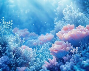Coral reef underwater, vibrant marine life, soft blue tones, dynamic movement, serene atmosphere, photo-realistic