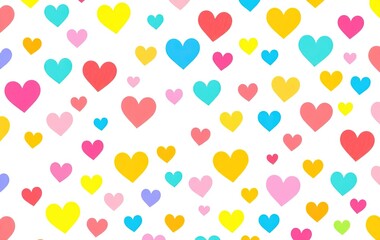 A seamless pattern of colorful hearts on a white background.