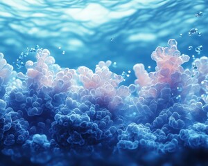 Coral reef underwater, vibrant marine life, soft blue tones, dynamic movement, serene atmosphere, photo-realistic