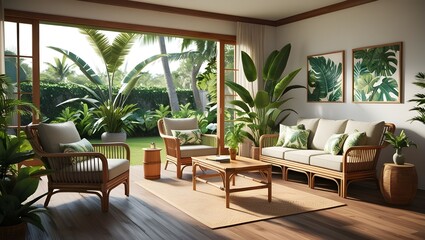 Fototapeta premium A serene tropical living room with rattan furniture