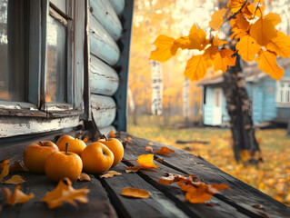 Close-Up of Rustic Window Sill with Fallen Leaves and Apples in Autumn