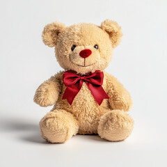 Obraz premium Close-up of a small teddy bear with a red bow, isolated on a clean white background, bright and even lighting, soft shadows around the edges