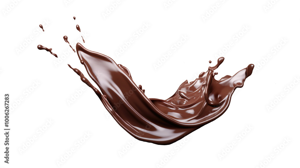 Poster a dynamic splash of chocolate in mid-motion, captured with precision, evoking indulgence and artisti